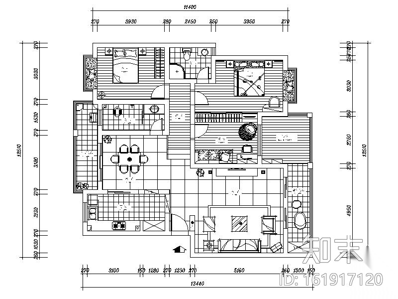 160㎡经典错层三居装修图施工图下载【ID:161917120】