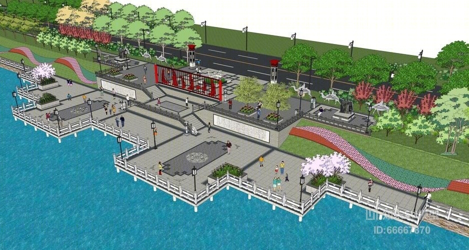 中式滨水景观设计SU模型下载【ID:66667870】