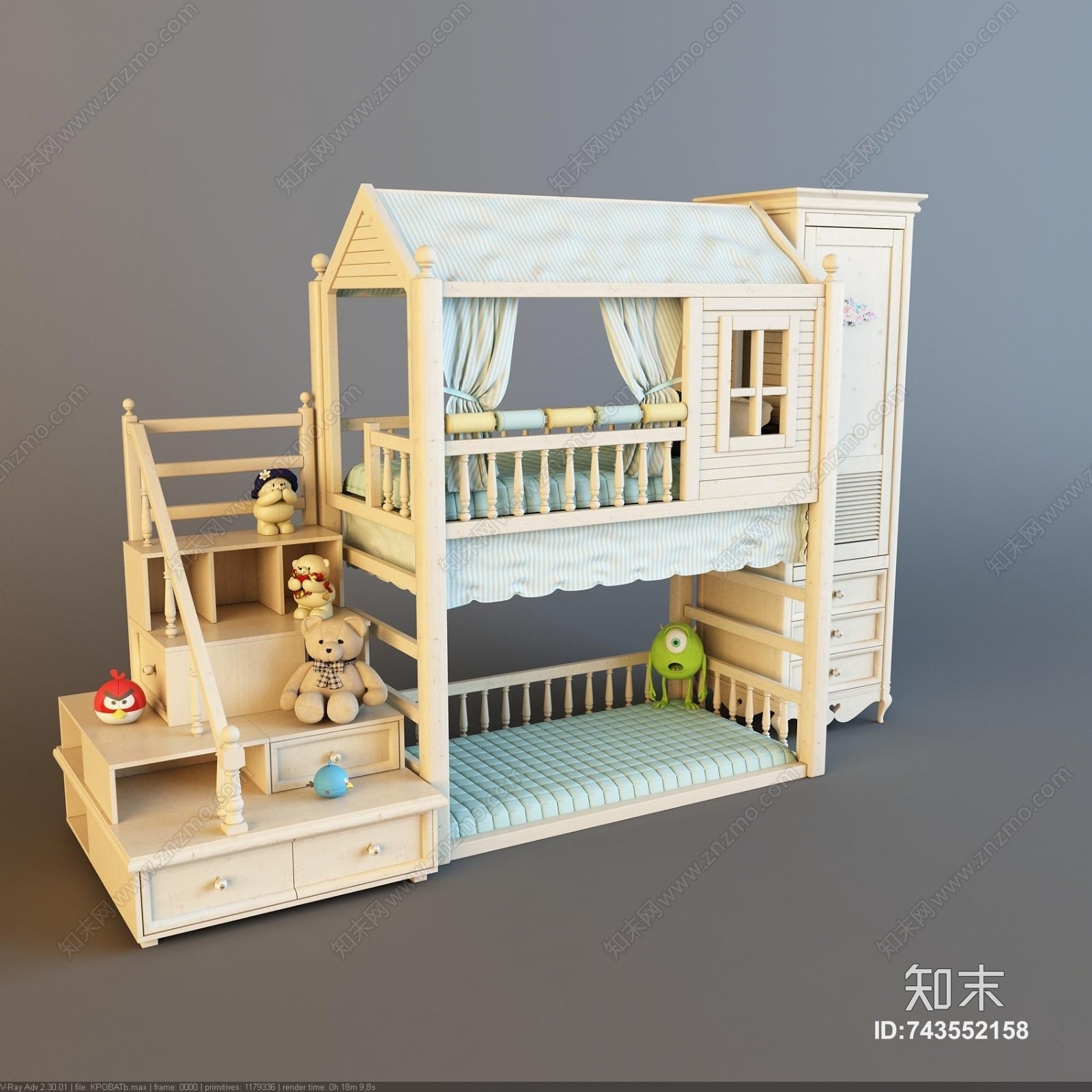 北欧风格儿童房上下床3D模型下载【ID:743552158】