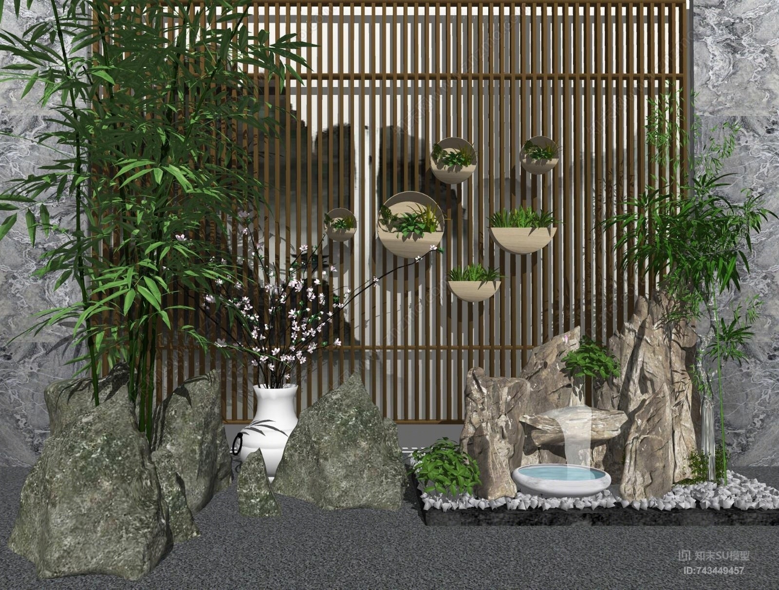 新中式假山竹子园艺小品SU模型下载【ID:743449457】