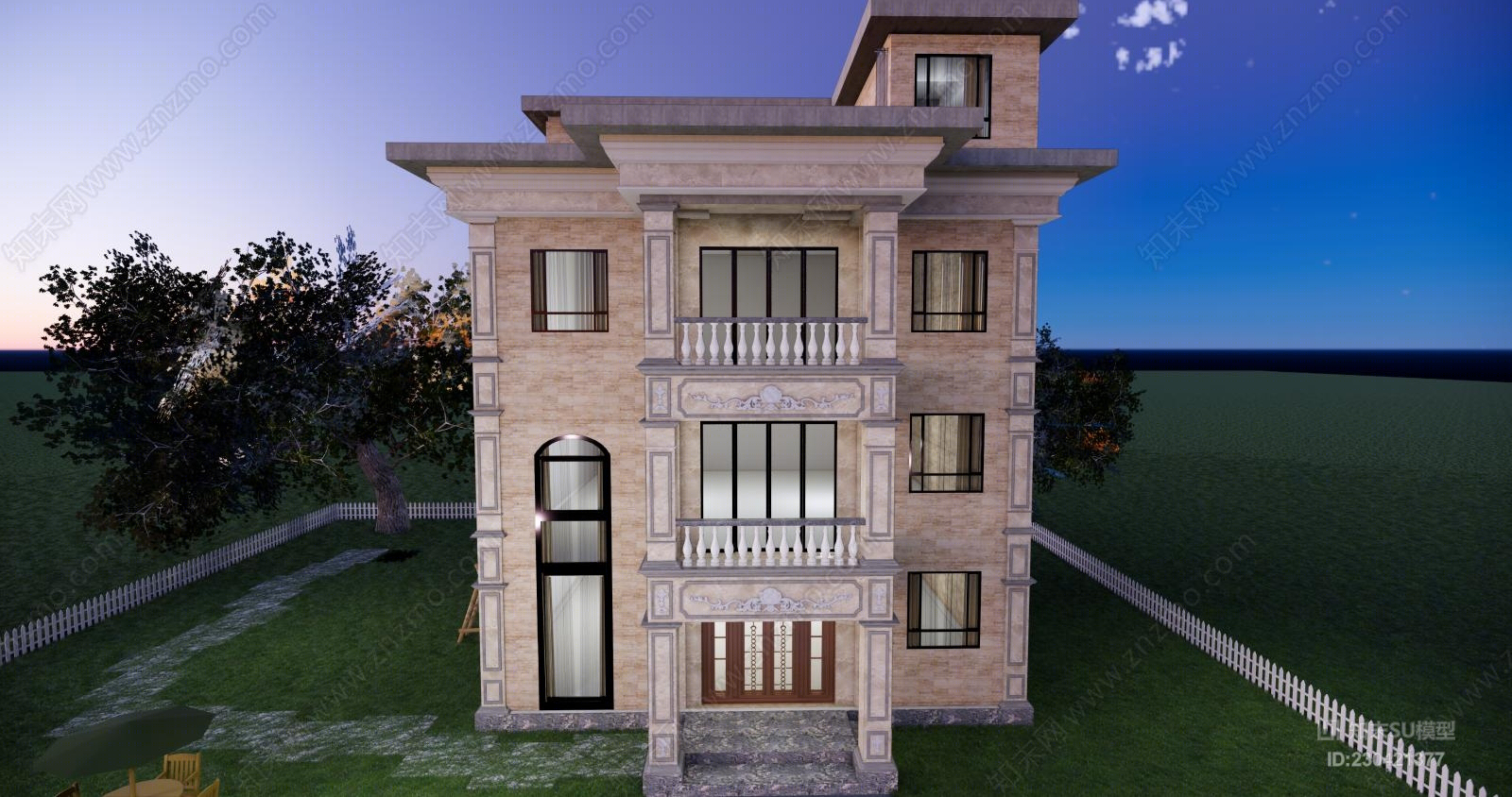 农村独栋三层别墅SU模型下载【ID:230421377】