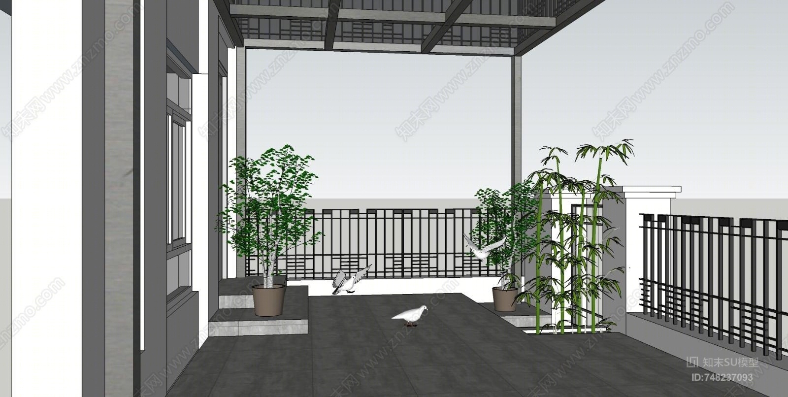 新中式风格别墅露台SU模型下载【ID:748237093】