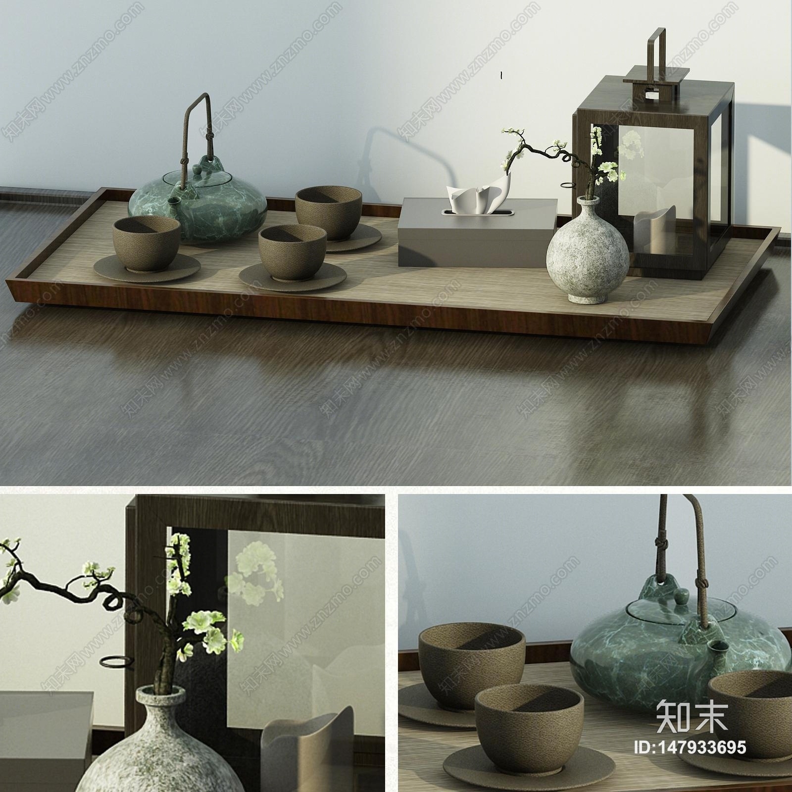 新中式茶艺茶具饰品组合3D模型下载【ID:147933695】
