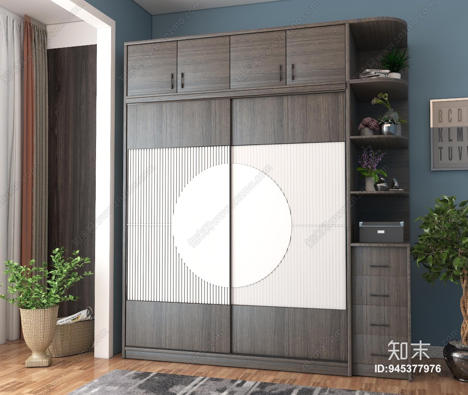 中式推拉门实木衣柜3D模型下载【ID:945377976】