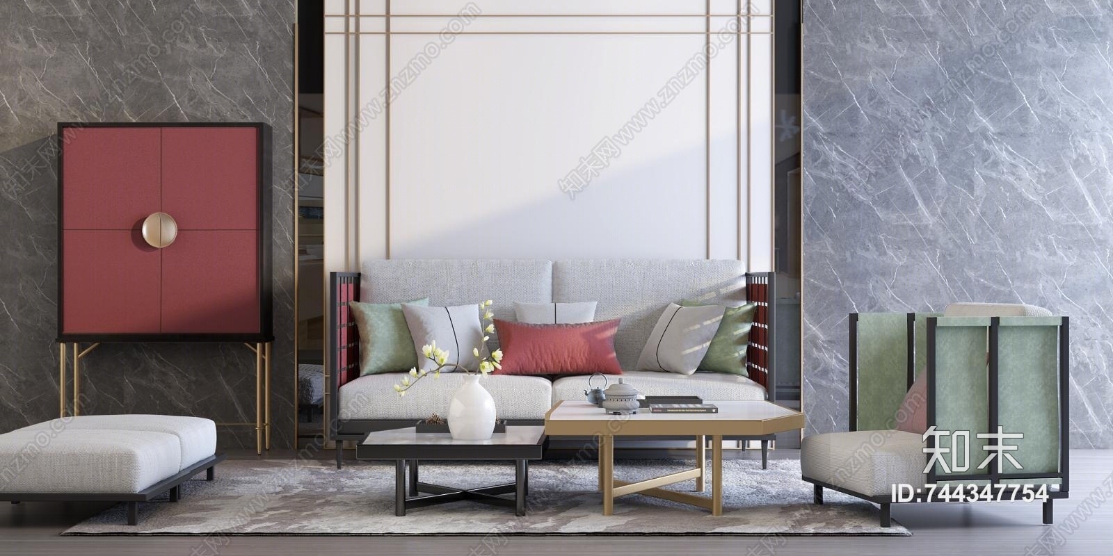 新中式现代新中式沙发茶几组合3D模型下载【ID:744347754】