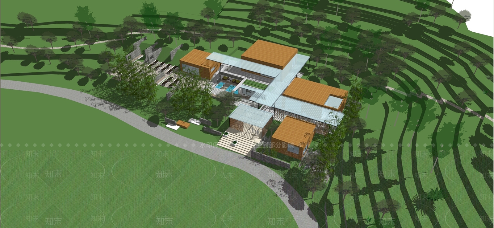 现代山地平屋顶休闲建筑SU模型下载【ID:632502762】