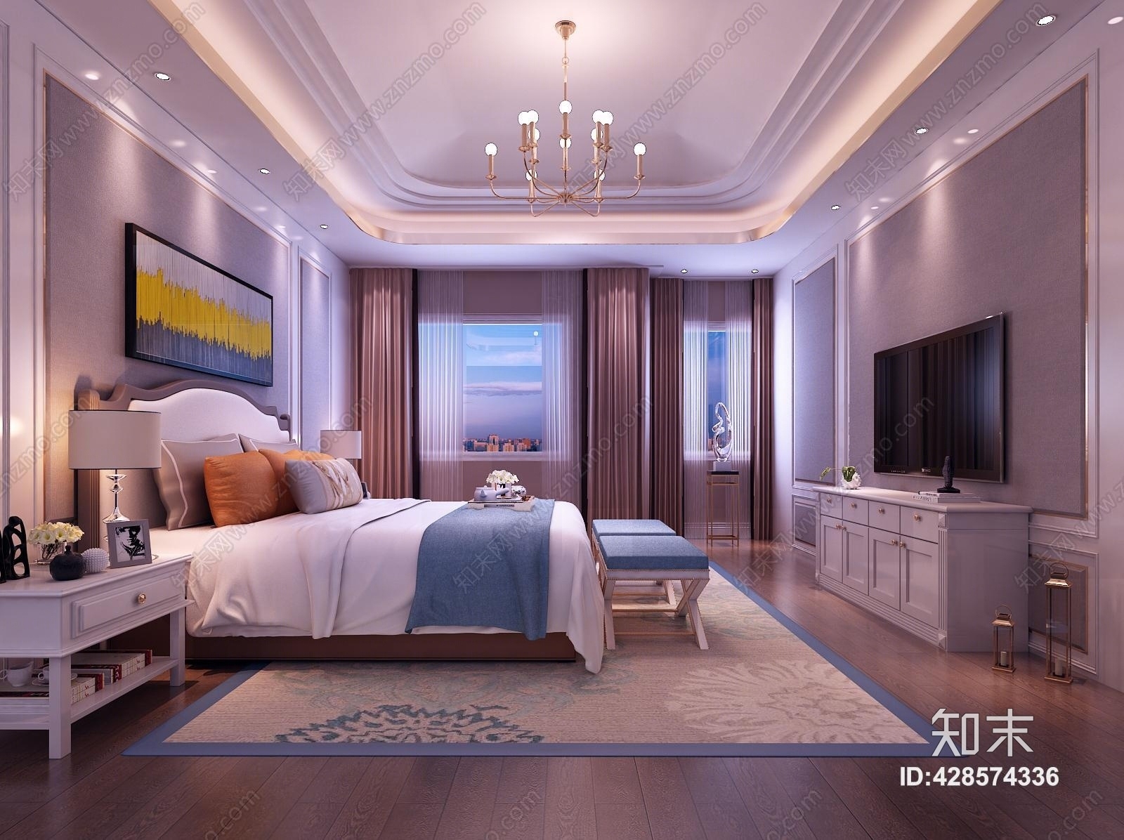 简欧卧室吊灯吊顶床组合床头柜3D模型下载【ID:428574336】