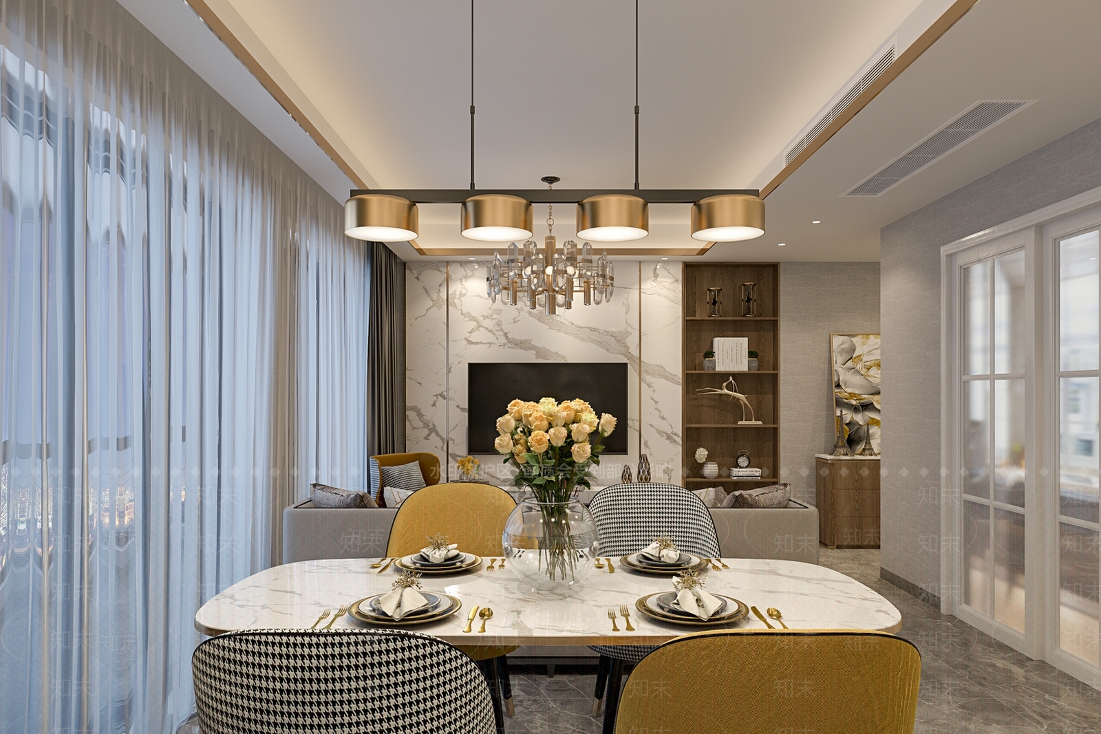 后现代现代轻奢客餐厅水晶吊灯鲜花3D模型下载【ID:733004797】