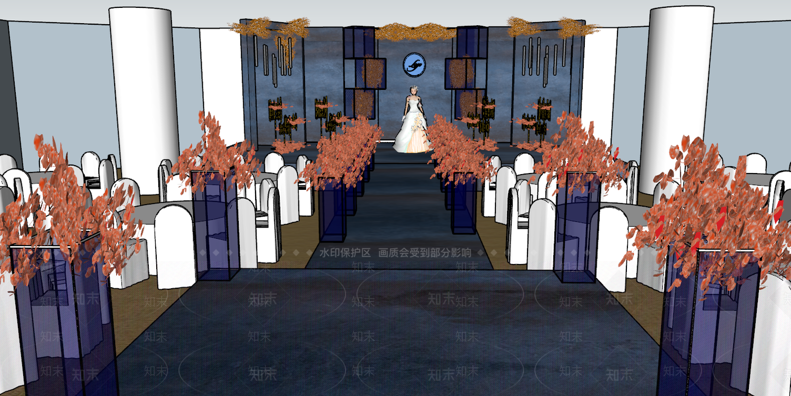 现代雾霾蓝婚礼宴会厅SU模型下载【ID:335249953】