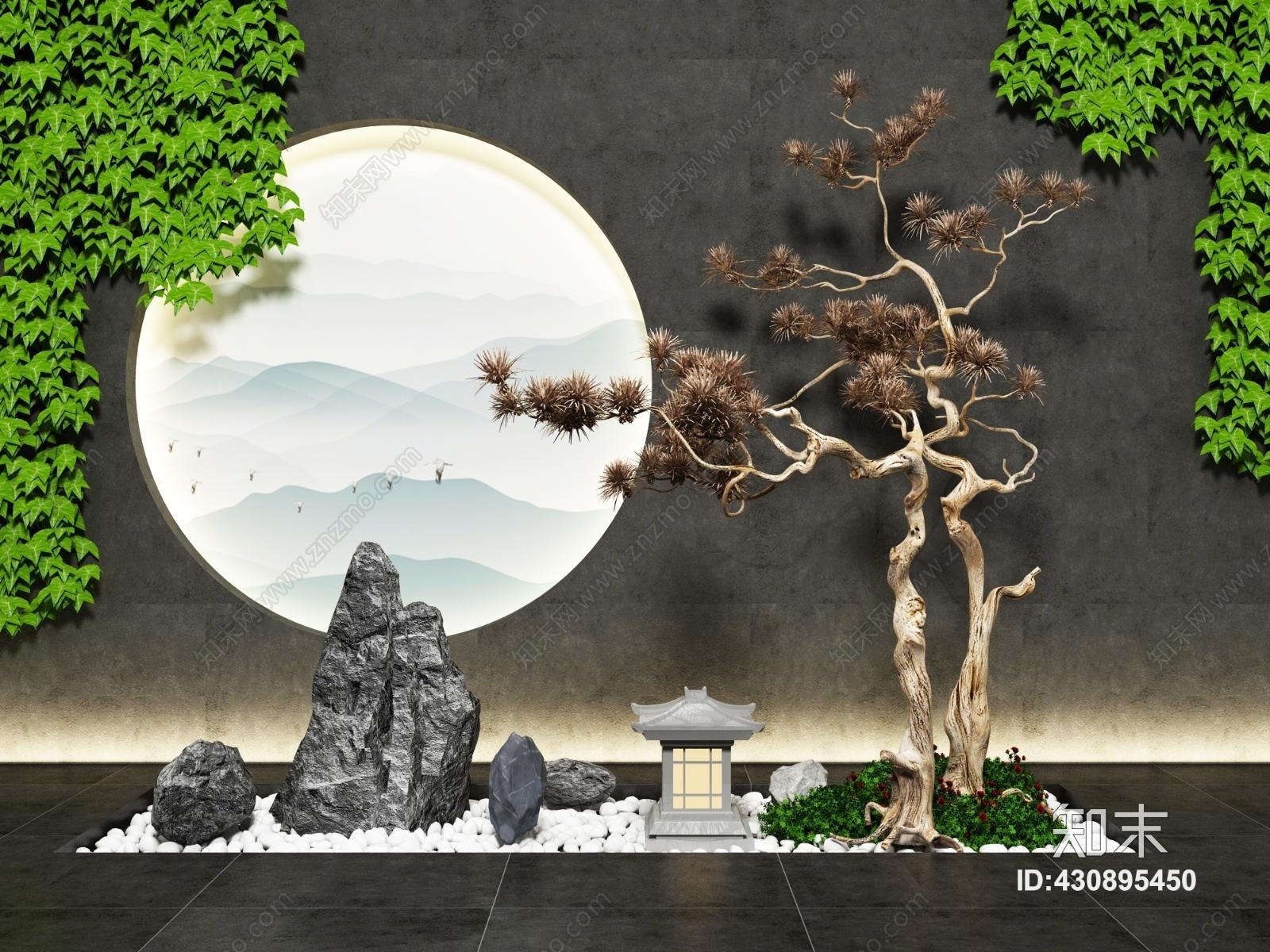 新中式园艺小品假山松树绿植景观3D模型下载【ID:430895450】