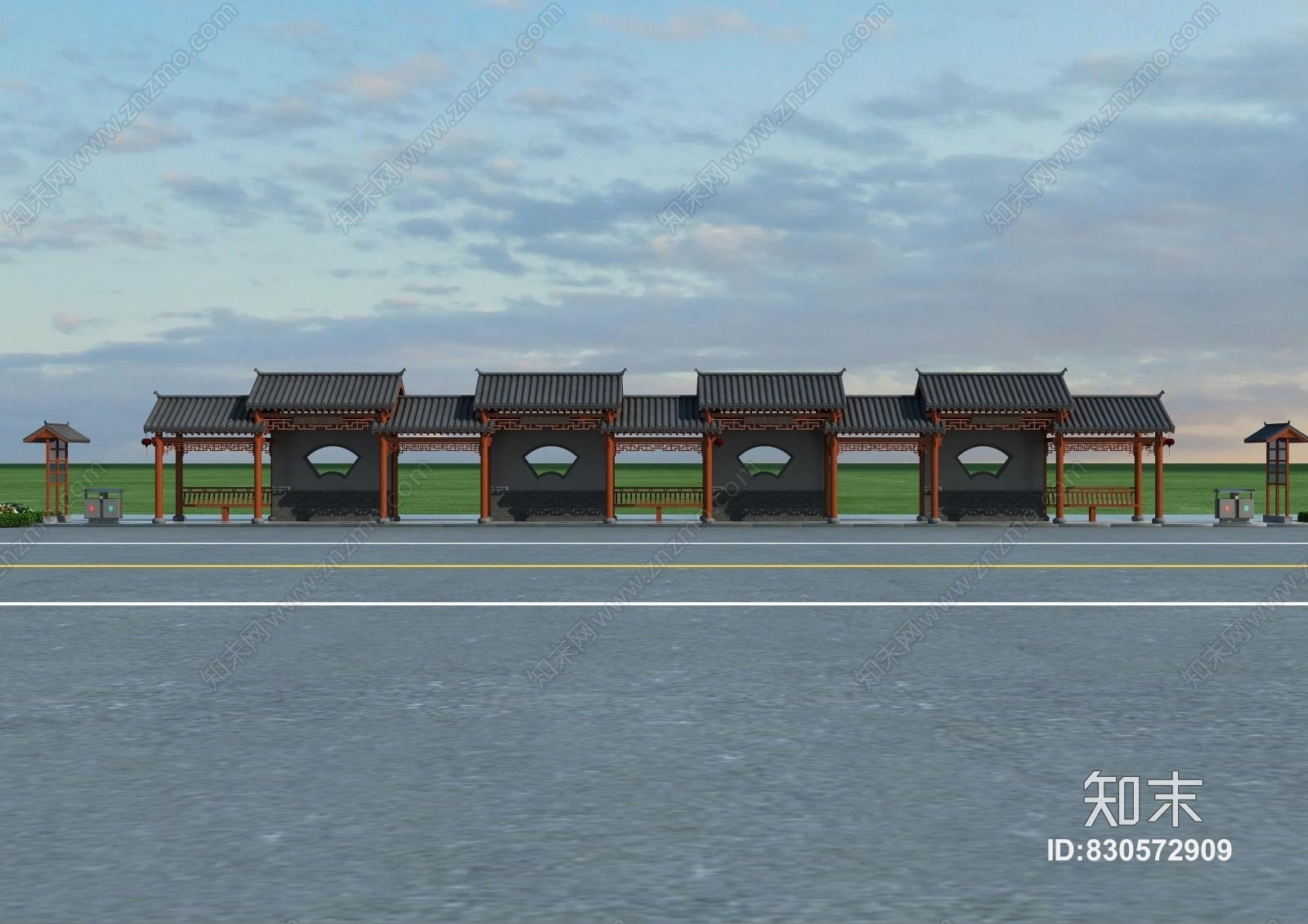 中式仿古公交站牌3D模型下载【ID:830572909】