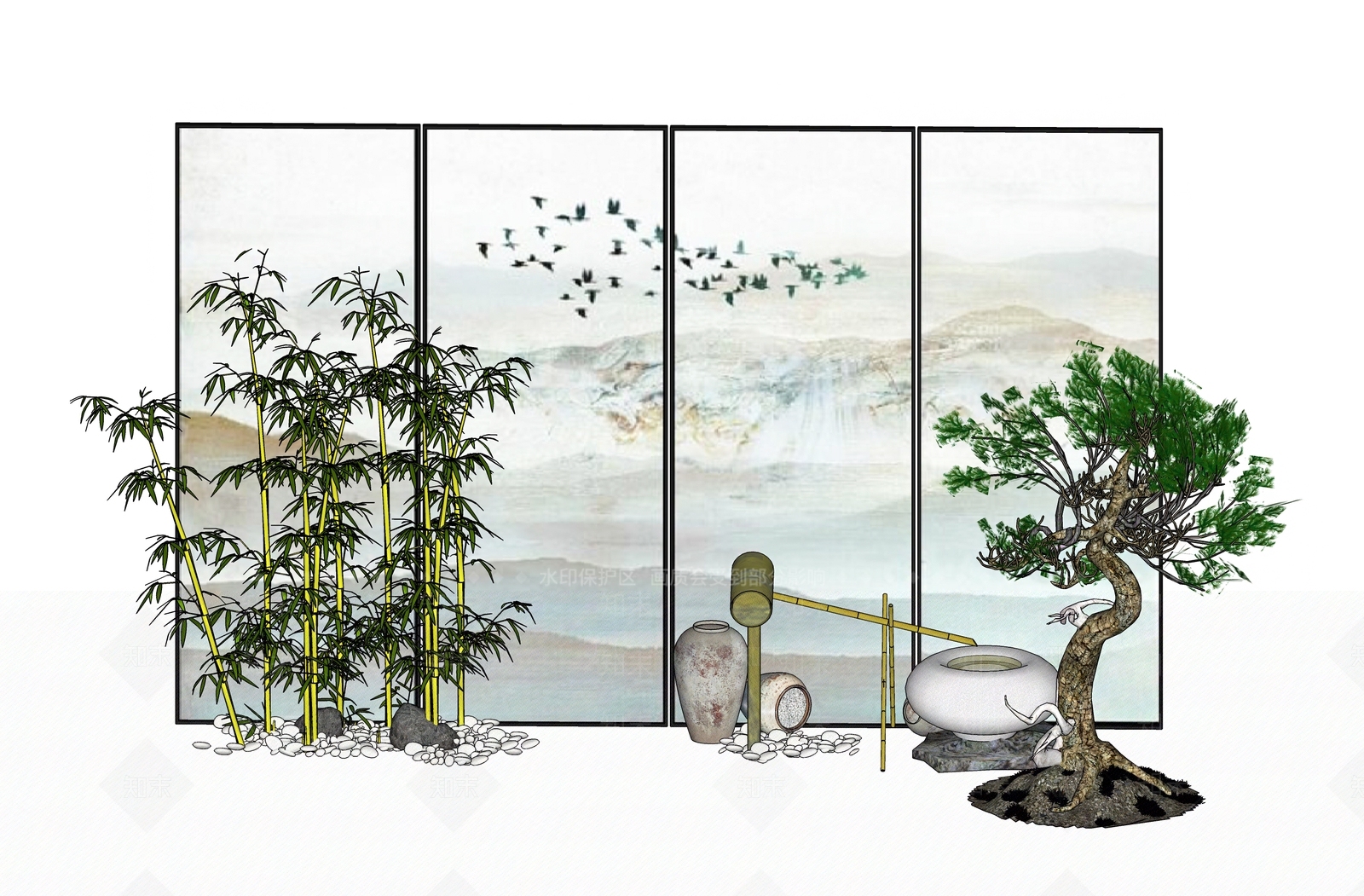新中式竹子鹅卵石屏风装饰品组合SU模型下载【ID:935297667】