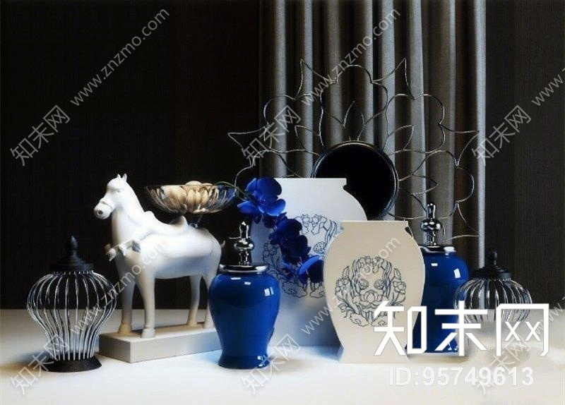 新中式陶瓷花瓶器皿摆件组合下载3D模型下载【ID:95749613】