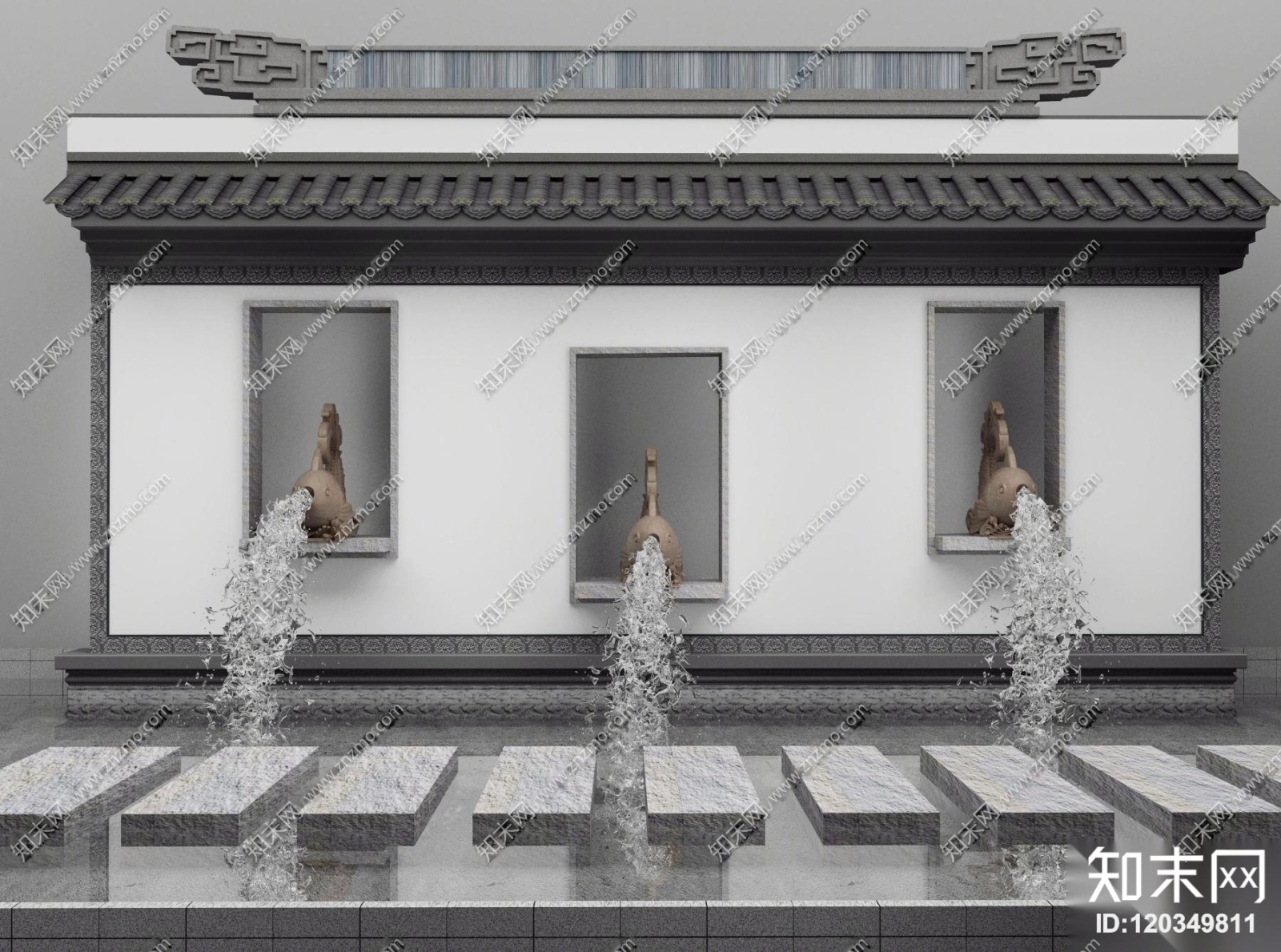 新中式牌坊喷水雕塑3D模型下载【ID:120349811】