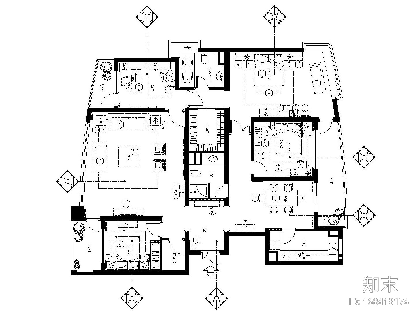 上海世纪花园欧式简约样板房装修施工图（附效果图）cad施工图下载【ID:168413174】