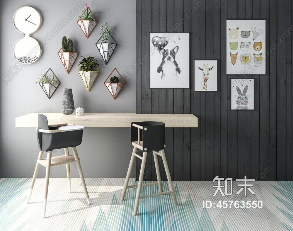 现代儿童餐桌椅装饰植物挂画组合3D模型下载【ID:45763550】