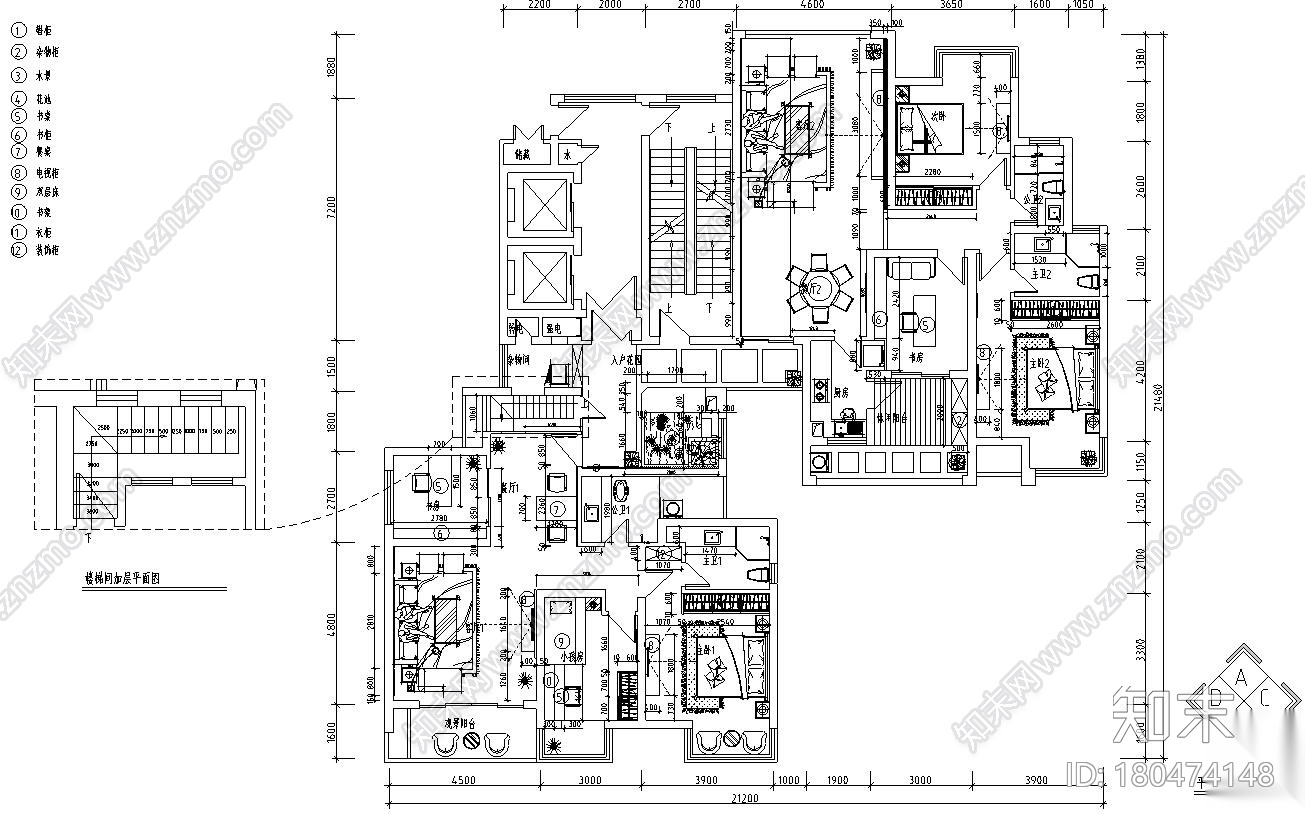 湖南中式260㎡两套三房两厅住宅装修施工图cad施工图下载【ID:180474148】