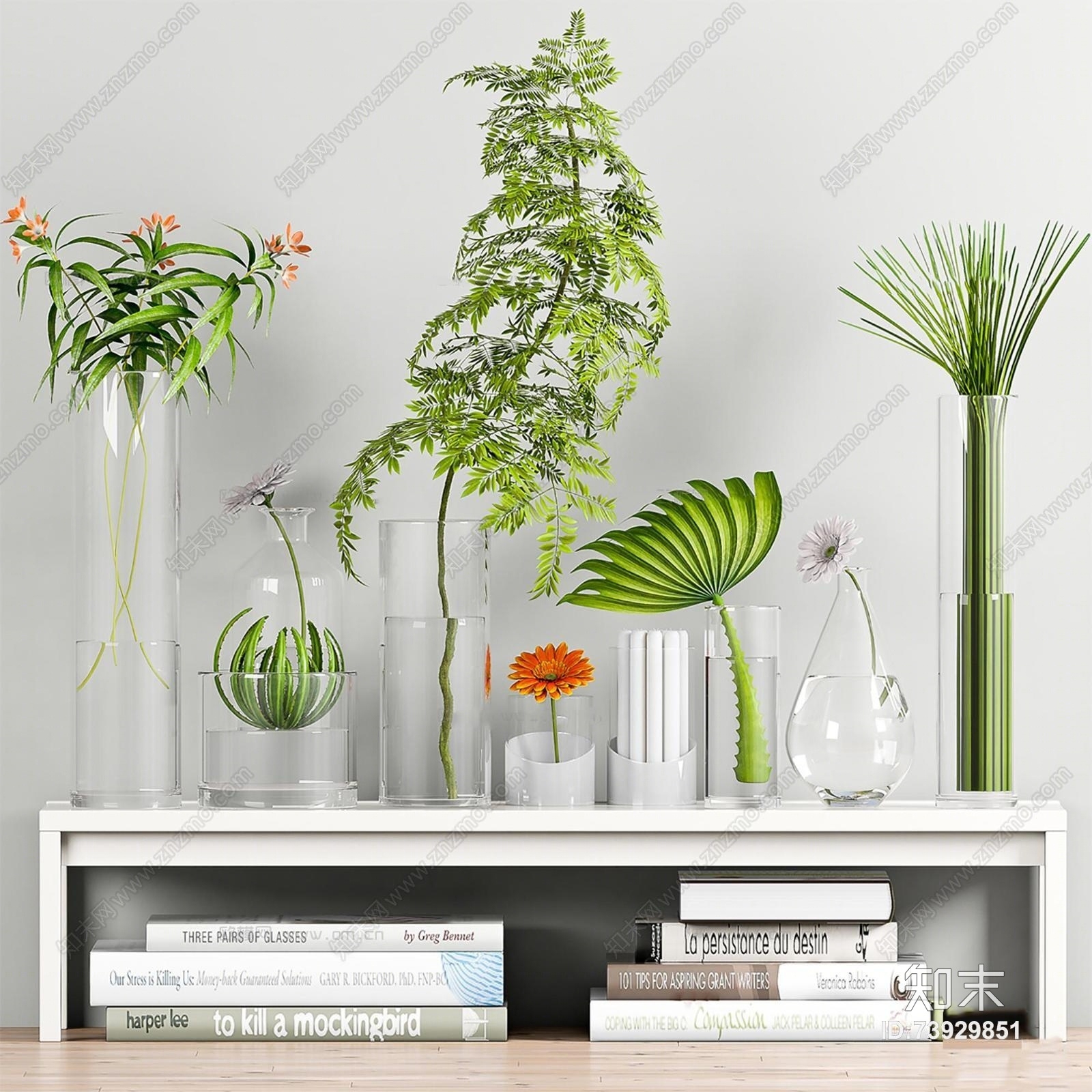 现代玻璃花瓶绿植花卉书籍组合3D模型下载【ID:73929851】