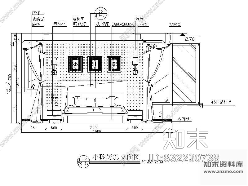 图块/节点卧室背景立面图施工图下载【ID:832230738】
