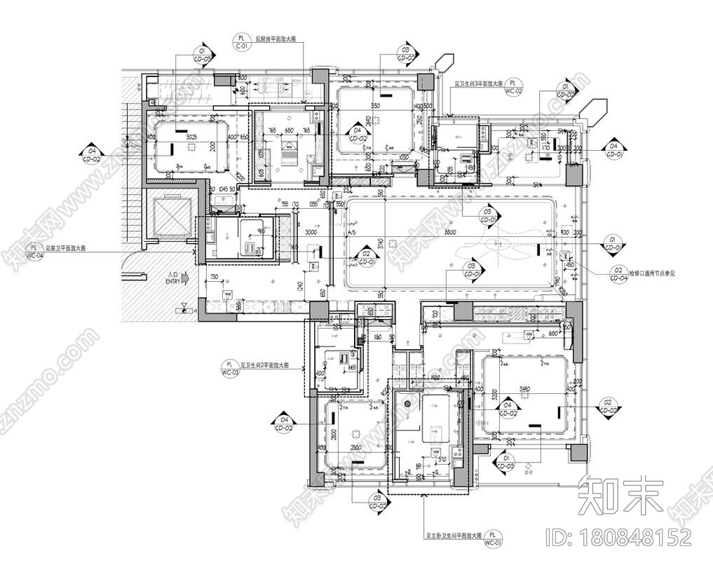 轻奢海珀外滩283m2大平层施工图cad施工图下载【ID:180848152】