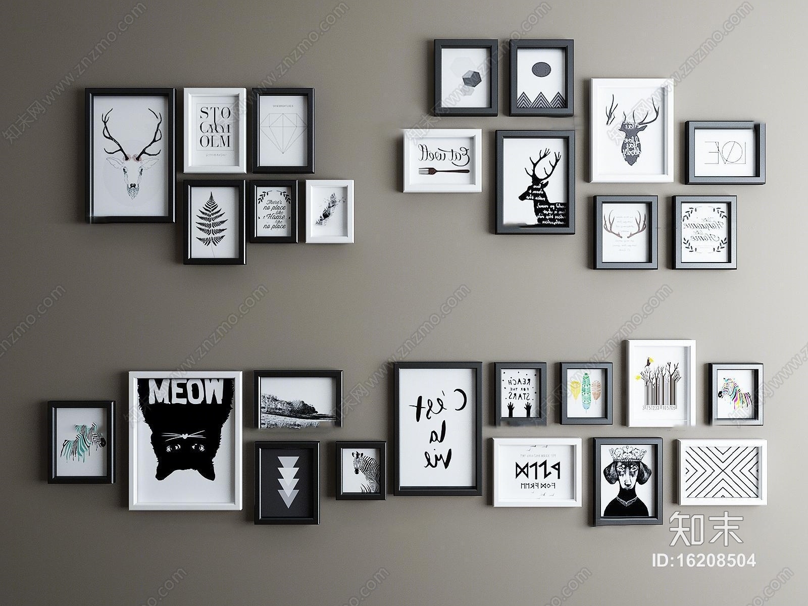 北欧黑白装饰挂画相框组合3D模型下载【ID:16208504】