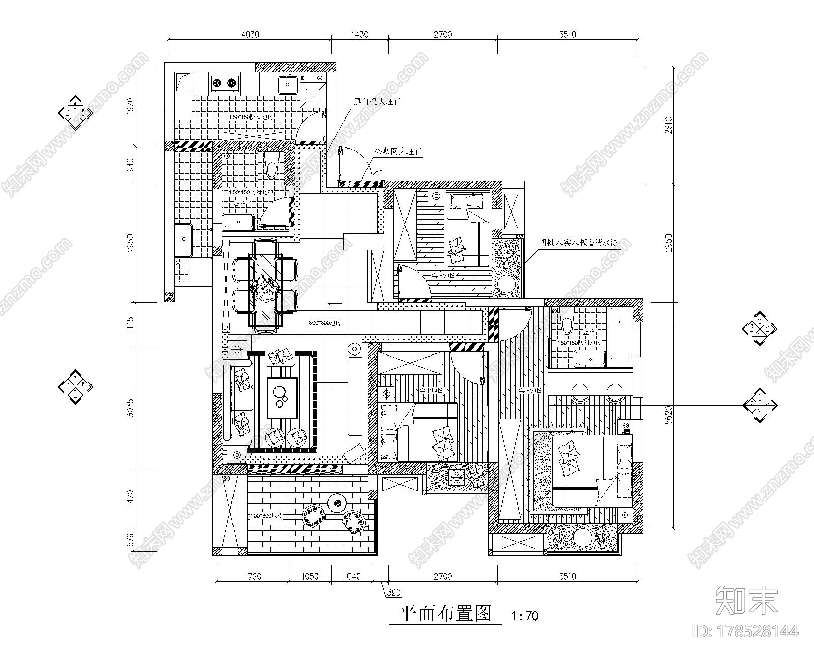 [原创]温馨现代简约2居室室内设计全套CAD施工图（含效果图）施工图下载【ID:178528144】