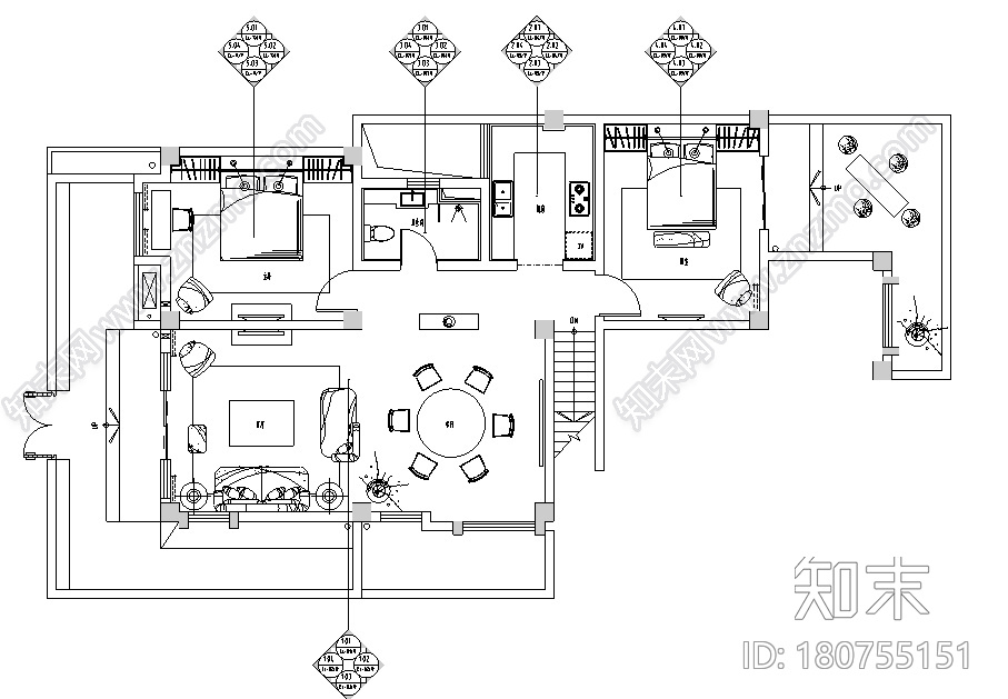 [云南]大理王宫别院样板间四居室设计施工图（附效果图）cad施工图下载【ID:180755151】