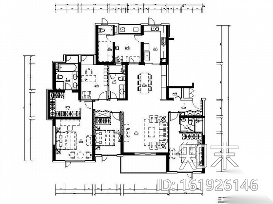 知名地产三居样板房装修图（平面）cad施工图下载【ID:161926146】