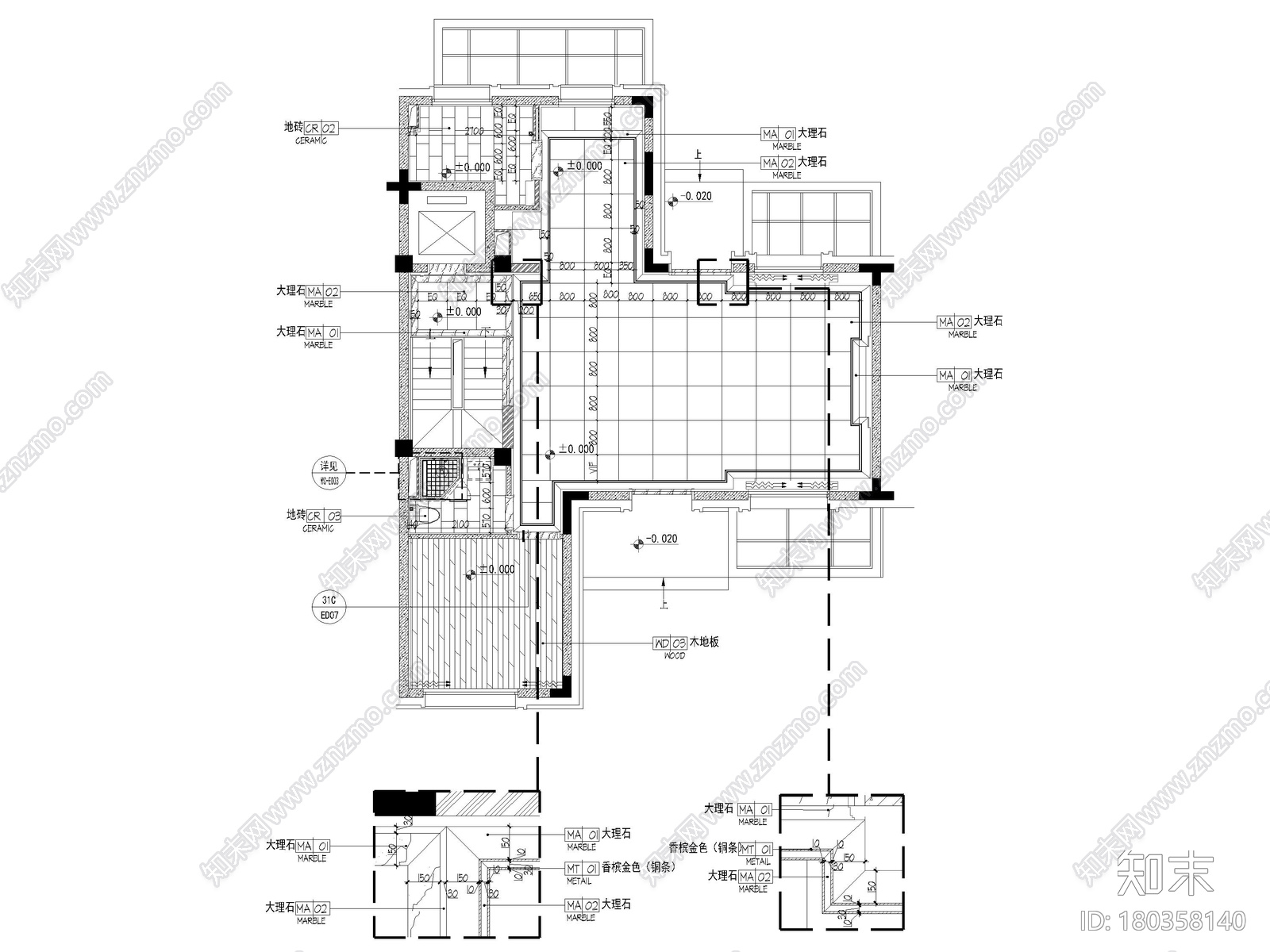 [上海]523㎡三层四居简欧别墅样板间施工图cad施工图下载【ID:180358140】