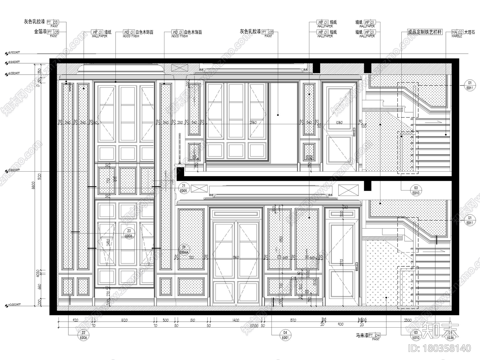 [上海]523㎡三层四居简欧别墅样板间施工图cad施工图下载【ID:180358140】