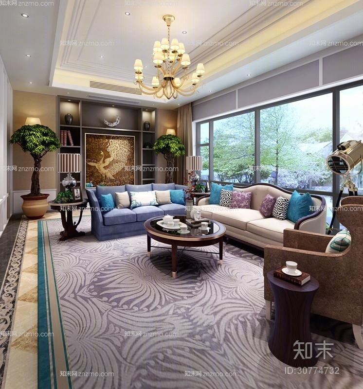 欧式简约米色布艺沙发茶几组合3D模型下载【ID:30774732】