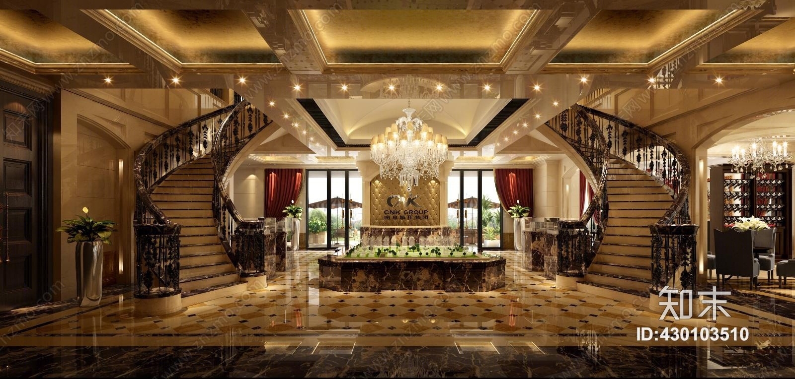 其它售楼处大堂沙盘前台楼梯休息区沙发吊灯3D模型下载【ID:430103510】