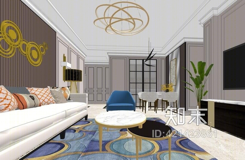 新古典风格三房两厅室内设计SU模型下载【ID:421423861】