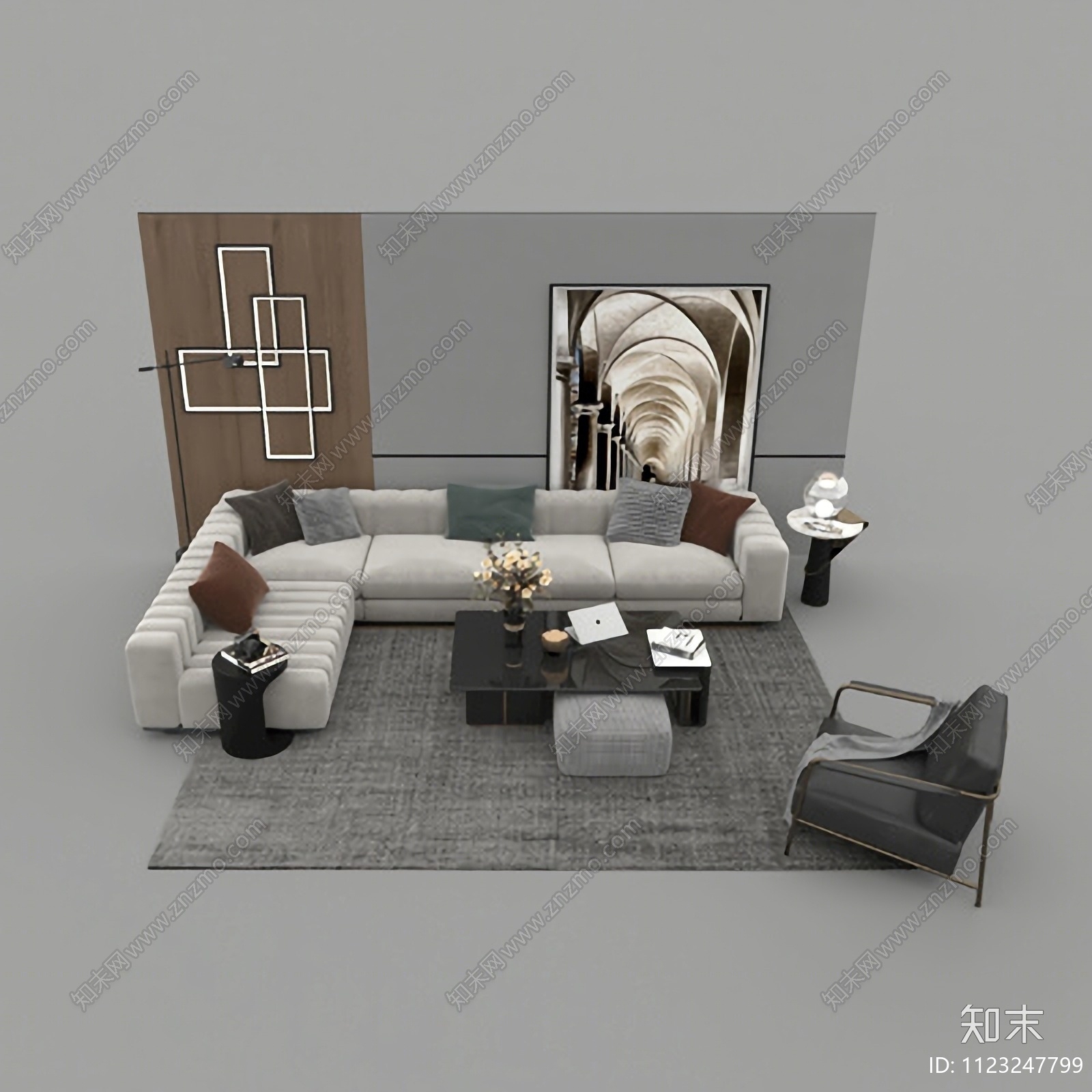 现代简约实木背景墙多人沙发组合免费3D模型下载【ID:1123247799】