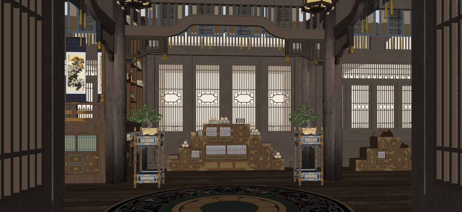 中式挑空客厅SU模型下载【ID:1222191157】