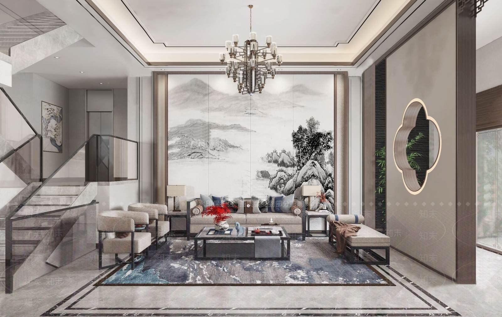 新中式复式客厅3D模型下载【ID:179233298】