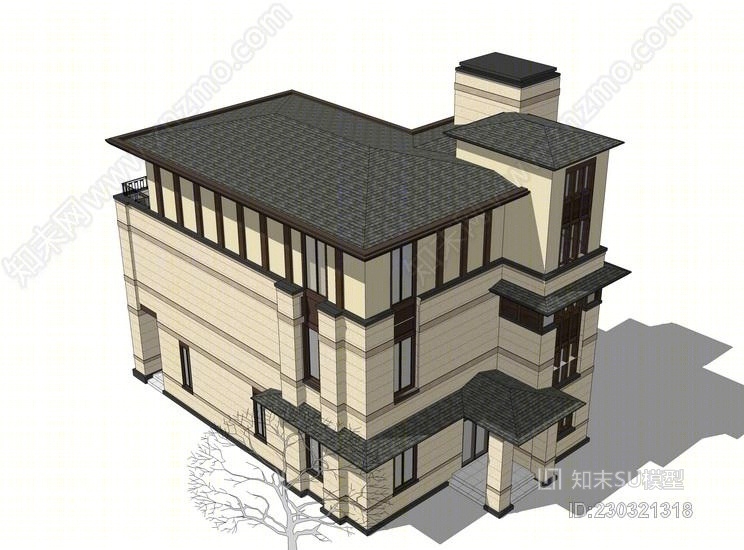 新古典独栋别墅SU模型下载【ID:230321318】