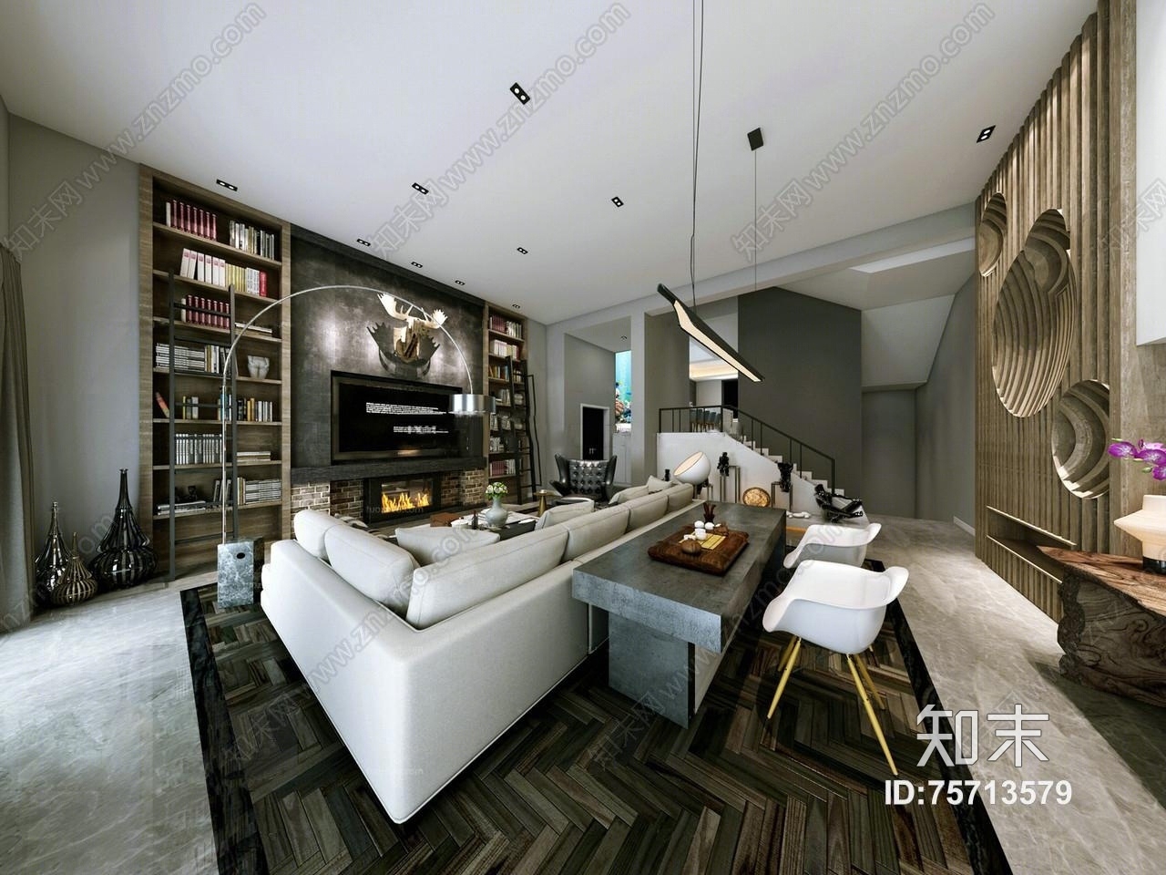 现代工业风客厅3D模型下载【ID:75713579】