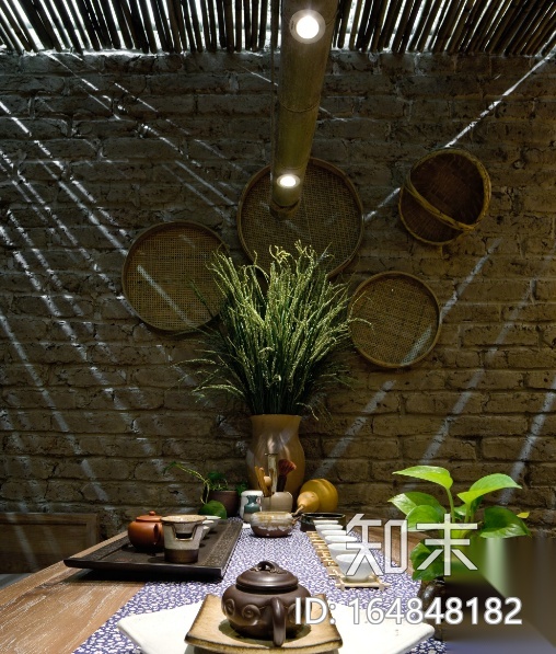 [新疆]竹林自然风茶室空间设计施工图（附效果图）cad施工图下载【ID:164848182】