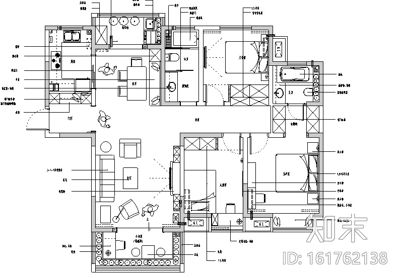 美式田园风闲庭雅居三居室住宅设计施工图（附效果图）cad施工图下载【ID:161762138】