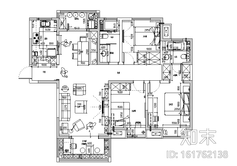 美式田园风闲庭雅居三居室住宅设计施工图（附效果图）cad施工图下载【ID:161762138】