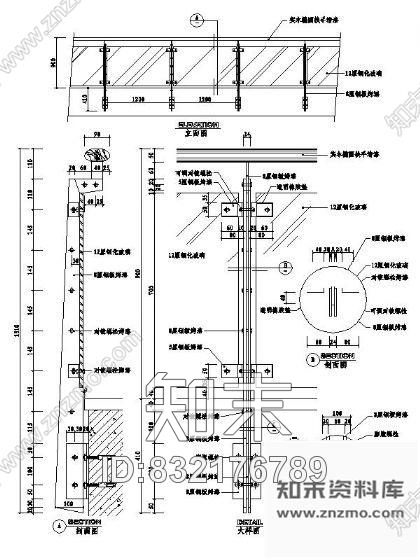 图块/节点玻璃护栏详图cad施工图下载【ID:832176789】