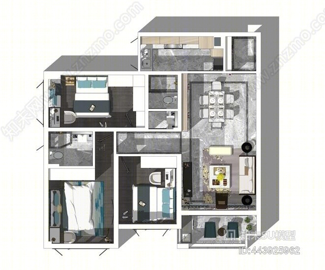 现代风格三房两厅室内设计SU模型下载【ID:443925962】