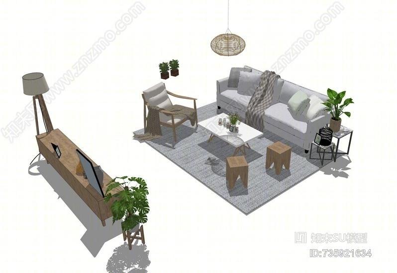 现代客厅沙发茶几电视柜组合SU模型下载【ID:735921634】