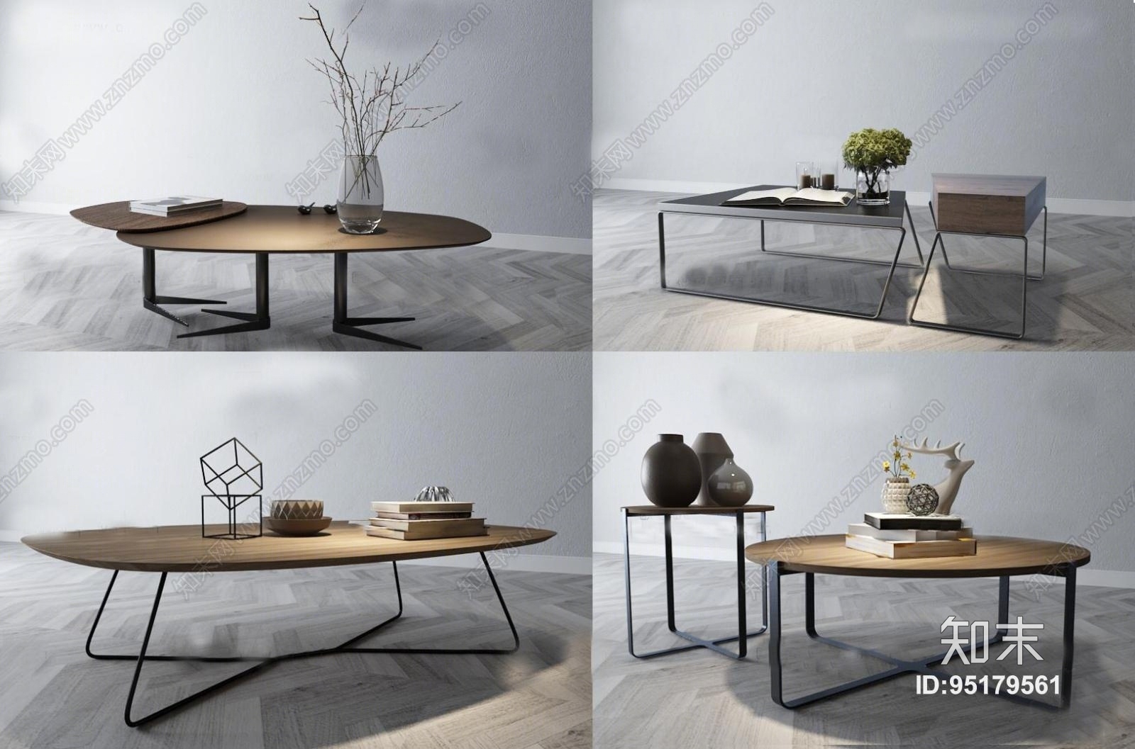 北欧铁艺实木圆形茶几摆件3D模型下载【ID:95179561】