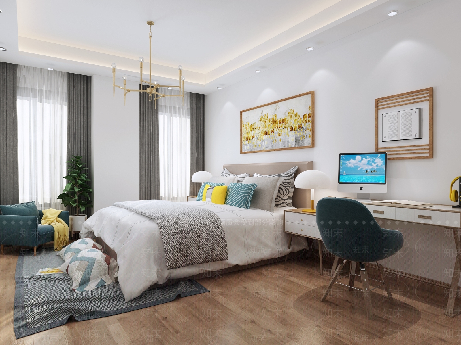 北欧卧室床灯具衣柜3D模型下载【ID:432935364】