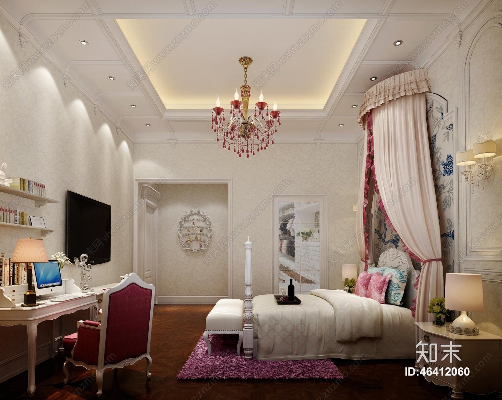 欧式简约公主房3D模型下载【ID:46412060】