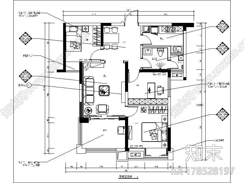 [湖北]地中海温馨舒适2居室室内设计CAD施工图（含效果图）施工图下载【ID:178528197】