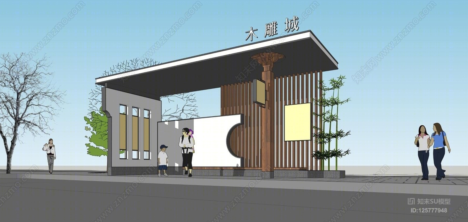 新中式公交站台方案SU模型下载【ID:125777948】