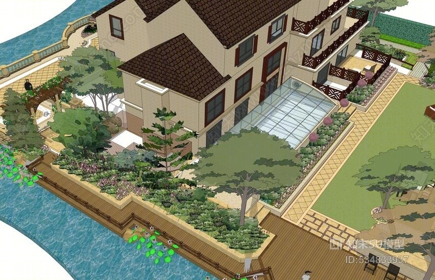 欧式庭院景观SU模型下载【ID:534833937】